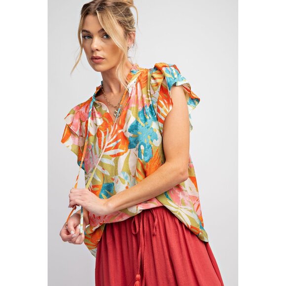 easel Tops - Easel Plus Sage Floral Print Peach Blossom Notched Neck Tops